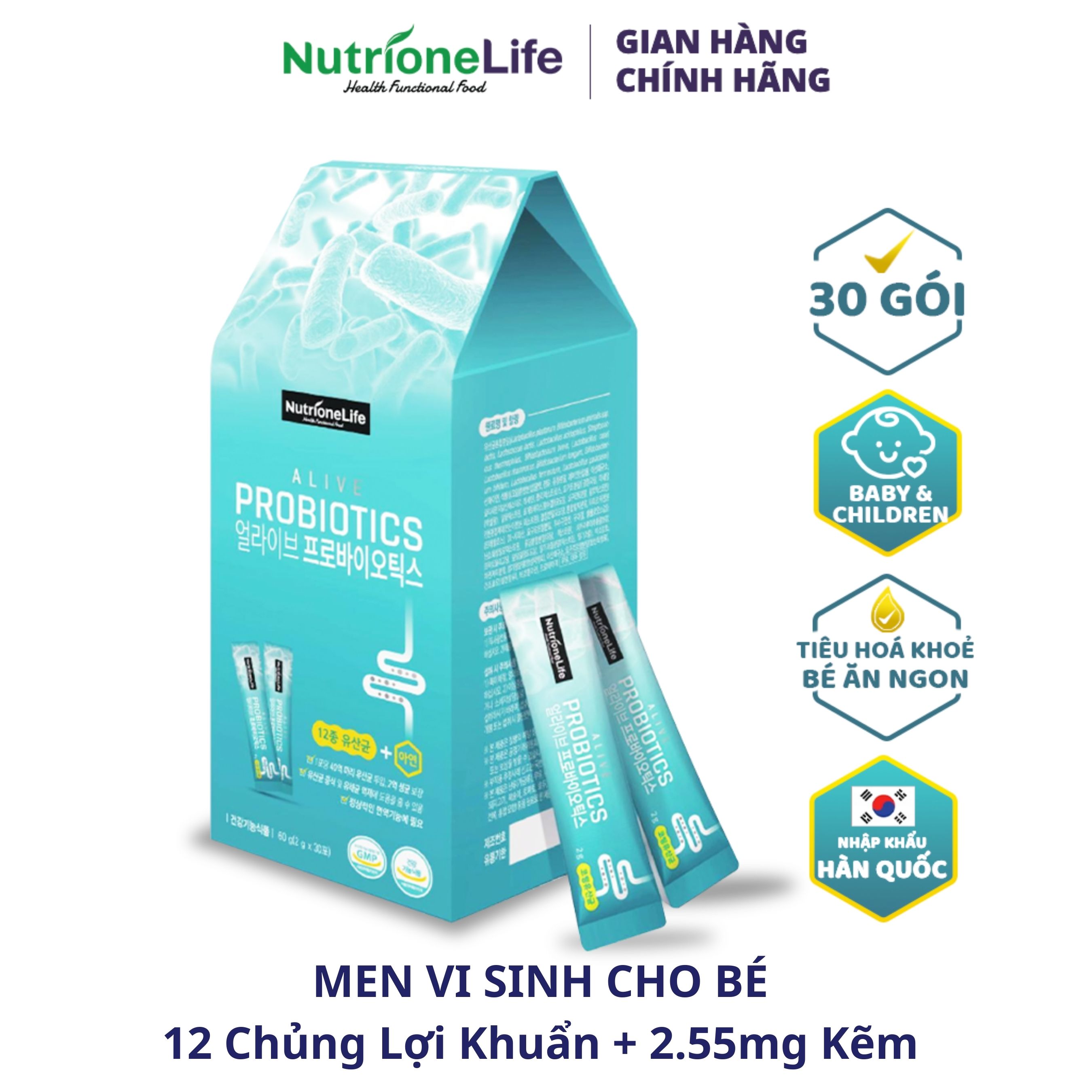 Men Vi Sinh 12 Chủng Cho Bé Biếng Ăn, Hấp Thu Kém, Tiêu Chảy, Rối Loạn Tiêu Hóa - Alive Probiotics Nhập Khẩu Hàn Quốc 30 Gói/Hộp