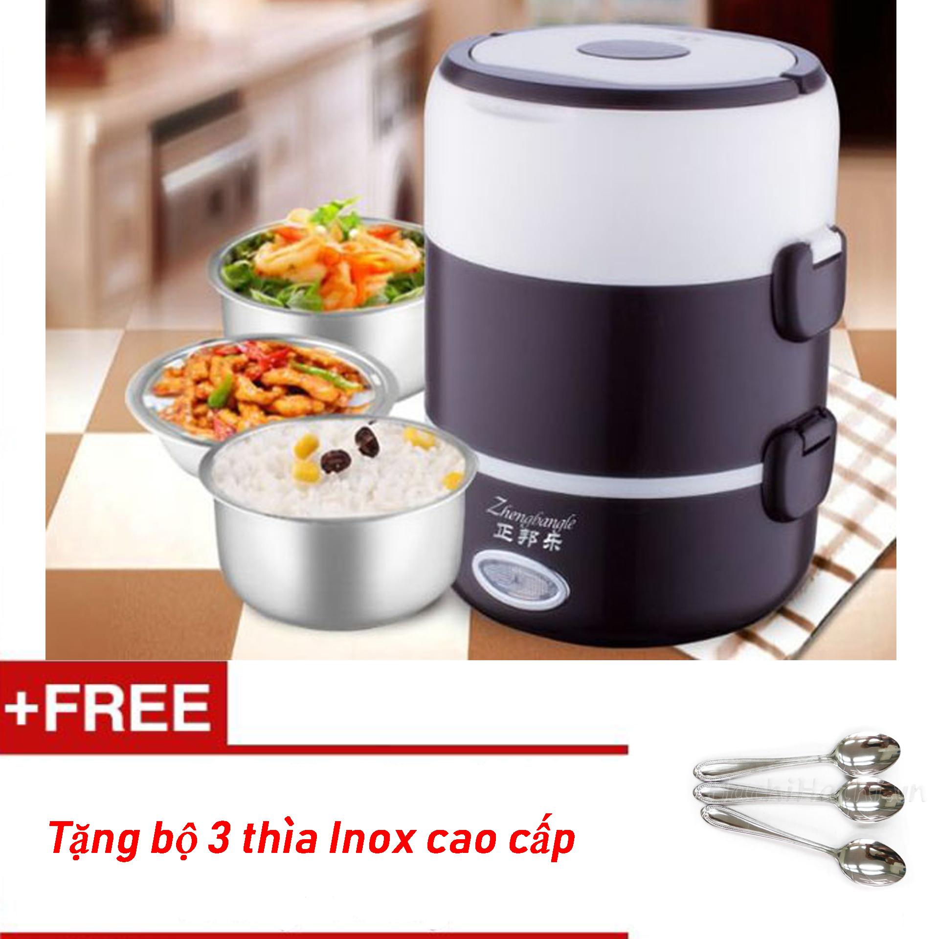Hộp cơm hâm nóng cắm điện 3 tầng inox Zhengbangle, Camen Dung Com - Hộp Cơm Cắm Điện Inox Hâm Nóng, Bảo hành uy tín + Tặng bộ 3 thìa Inox cao cấp