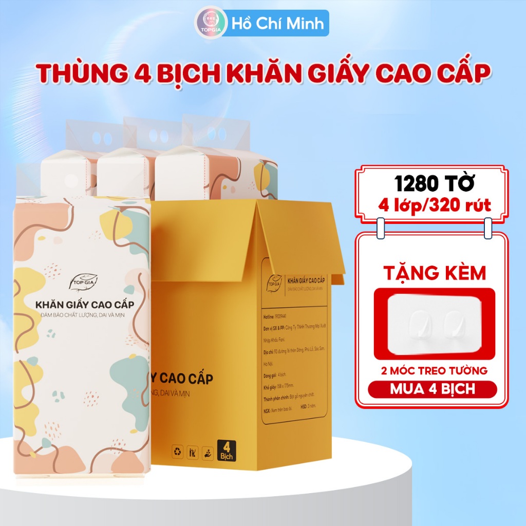 Giấy vệ sinh treo tường Top Gia thùng 4 bịch, thùng 6 bịch đa sắc làm từ bột gỗ nguyên chất, 1280 tờ 4 lớp dày dặn, đa năng