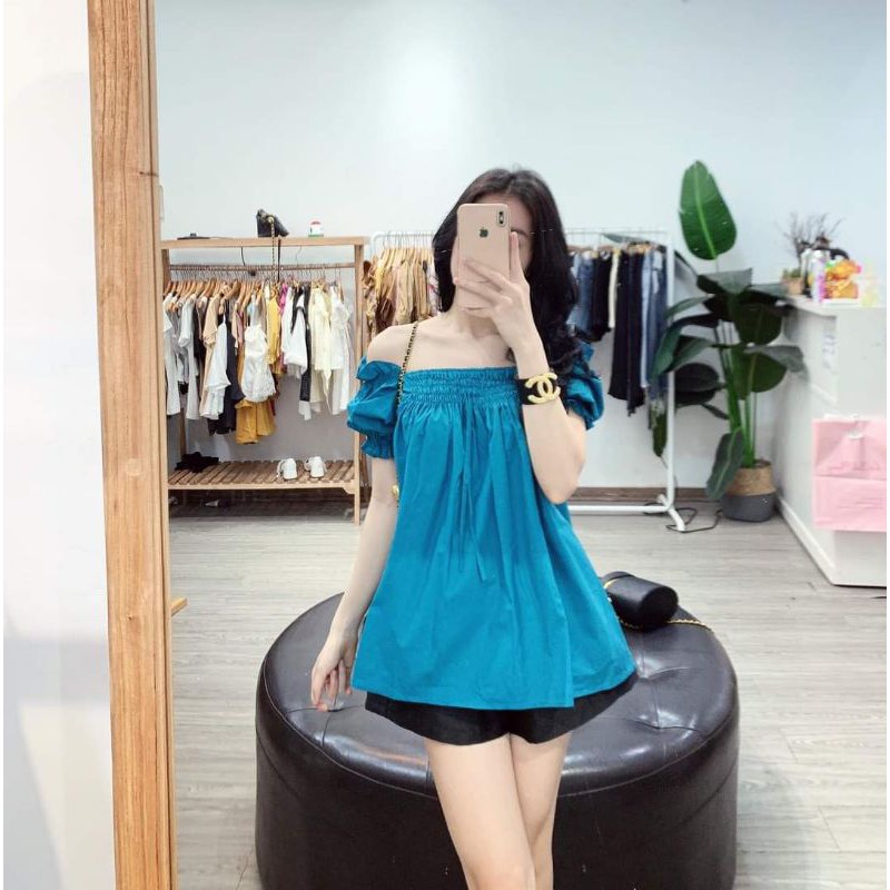 Áo kiểu nữ trễ vai, nhún ngực, đính nơ xinh xắn