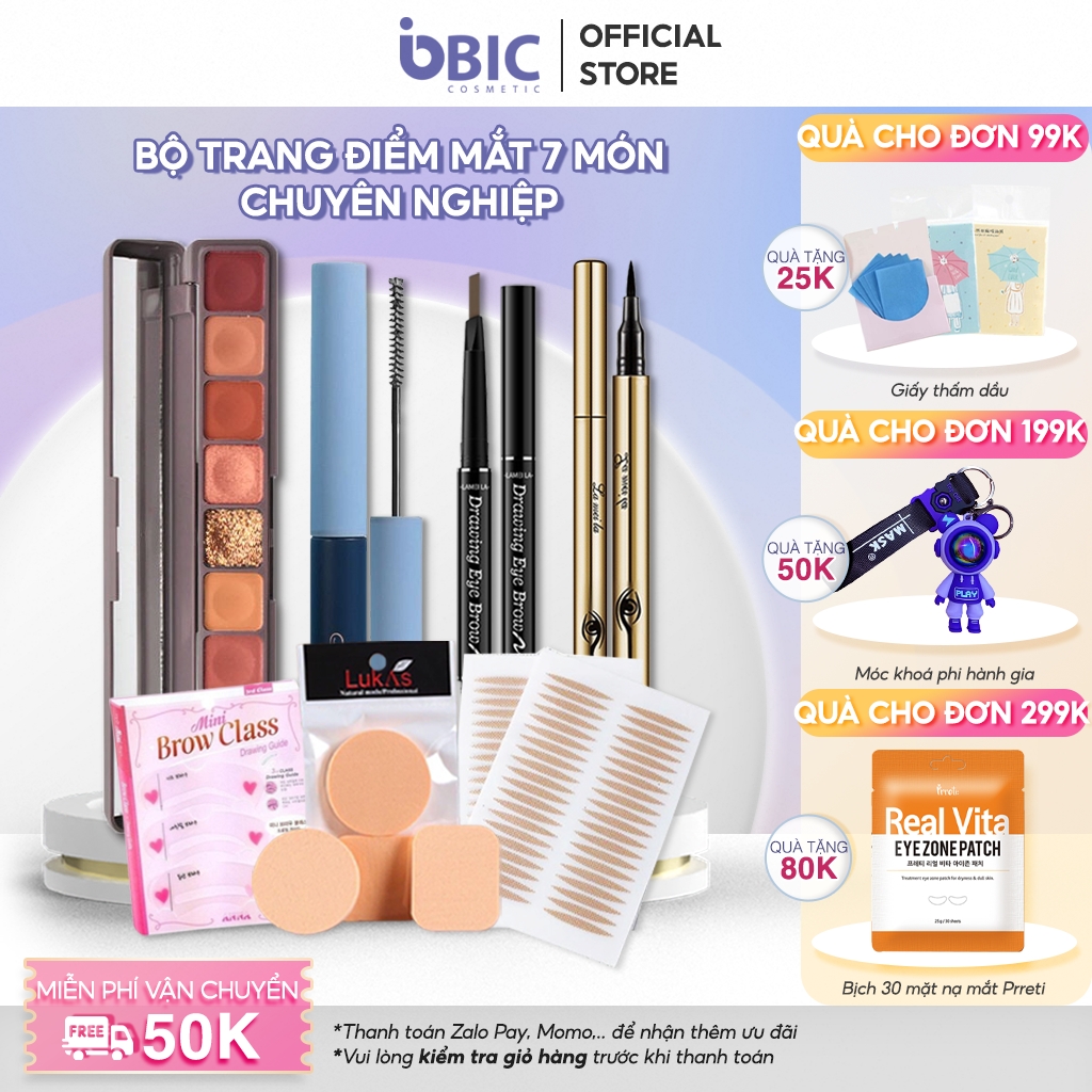 Bộ trang điểm mắt 7 món bộ makeup dành cho mắt Phấn mắt 9 ô Bút dạ kẻ mắt Chì kẻ mày 2 đầu Mascara chuốt mi chống trôi dài mi BIC COSMETIC
