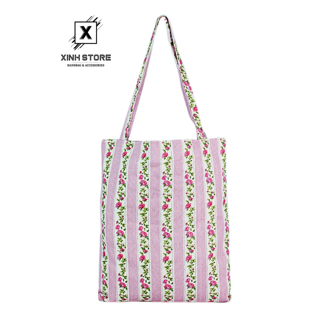 Túi vải tote đeo vai sọc hồng 20x house