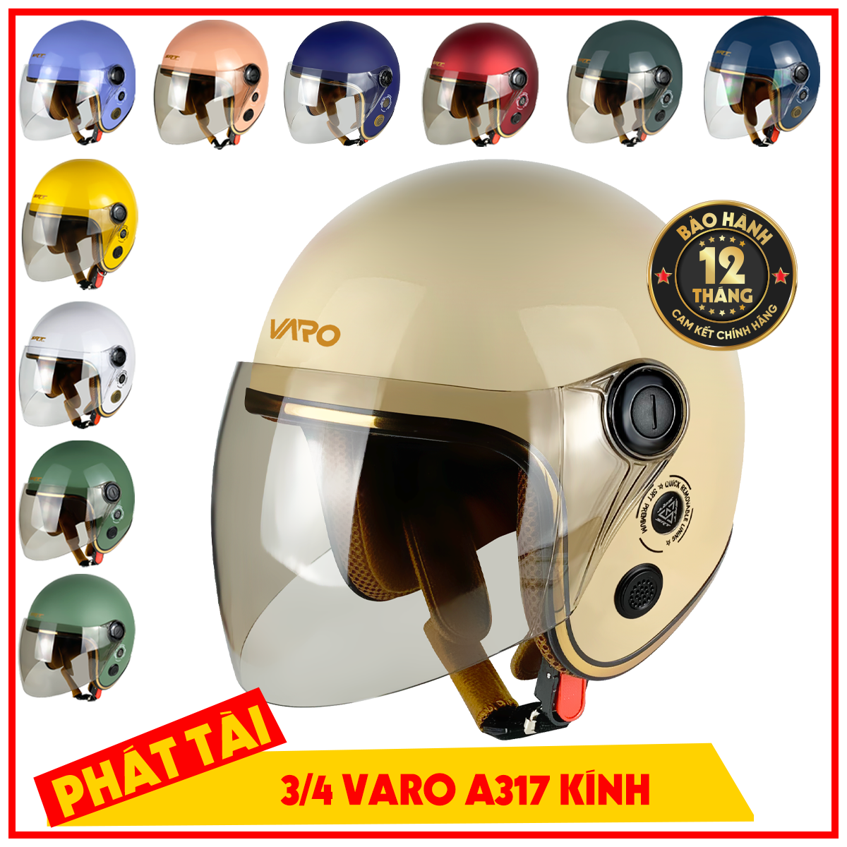 Mũ bảo hiểm 3/4 varo kính phủ liền a317 - nón 3/4 kính dài - mũ phượt có kính dài