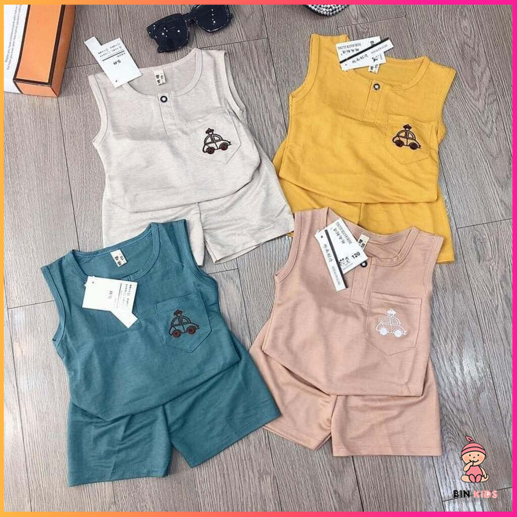 Bộ cộc tay bé trai in hình ô tô - bin kids, bộ ba lỗ cho bé, đồ bộ bé trai từ 7-28kg