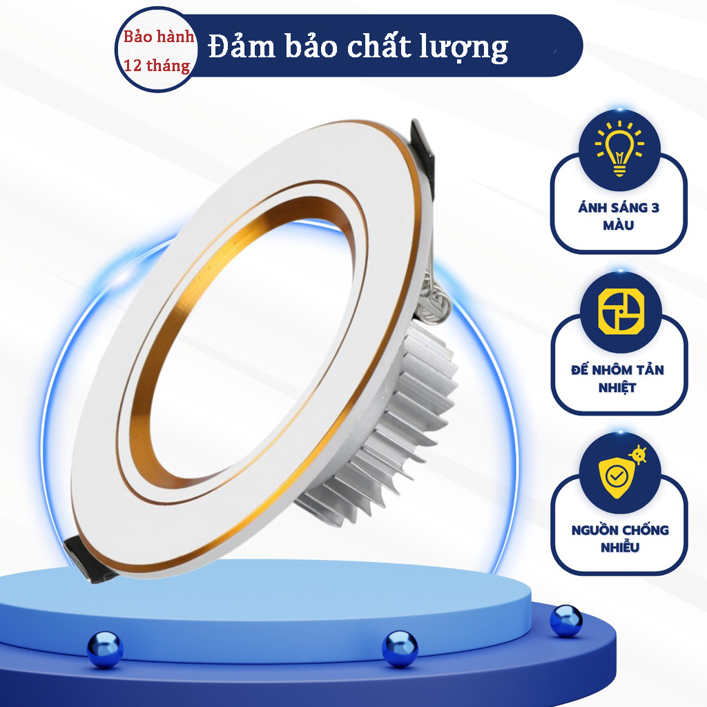 Đèn âm trần led downlight 3 chế độ màu 7w Đèn Âm Trần Đế Đúc Phi 90mm