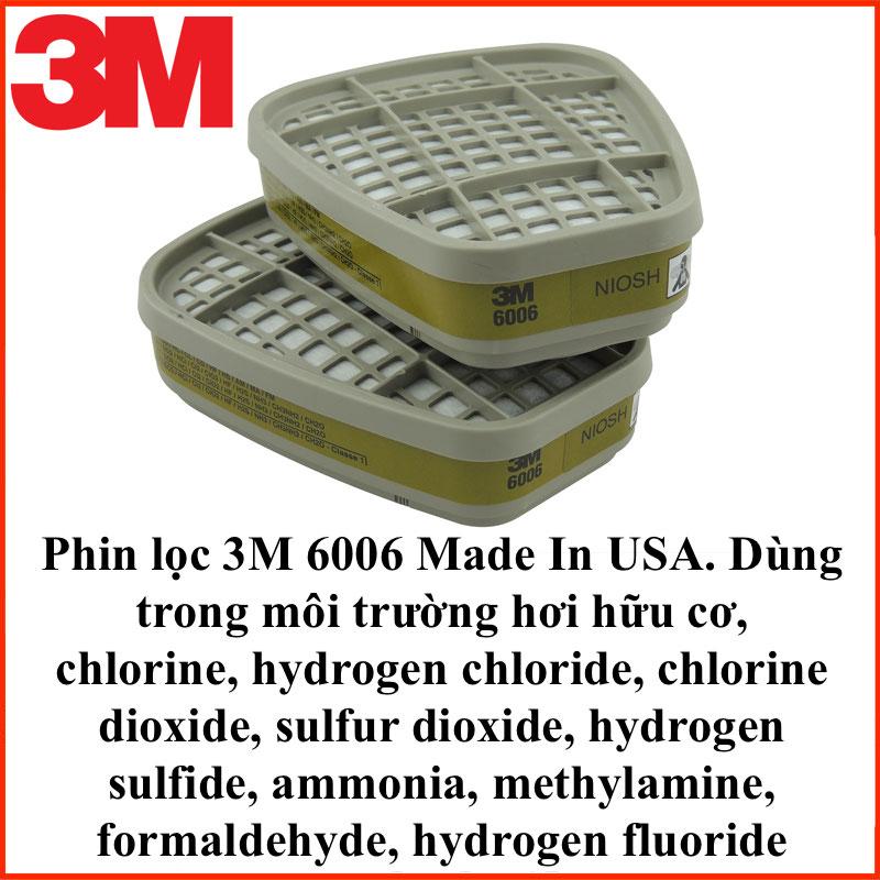 Phin lọc 3M 6006 chuẩn NIOSH lọc hơi hữu cơ, vô cơ, ammonia, methylamine hoặc formaldehyde. Sử dụng với mặt nạ 6100, 6200, 7501, 7502, 6800