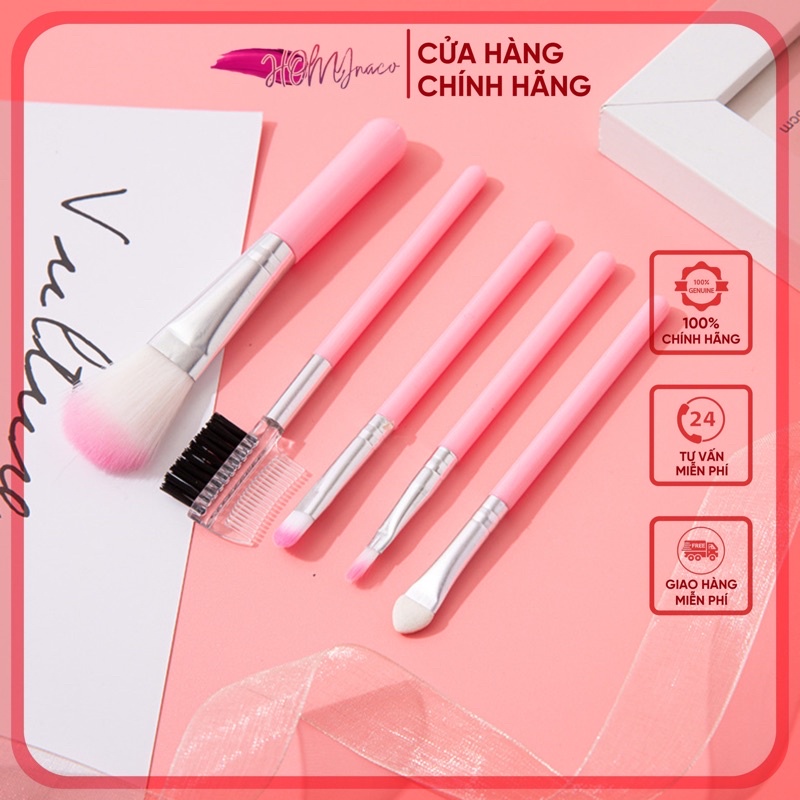 Set bộ cọ trang điểm 5 món tiện lợi màu hồng homynaco