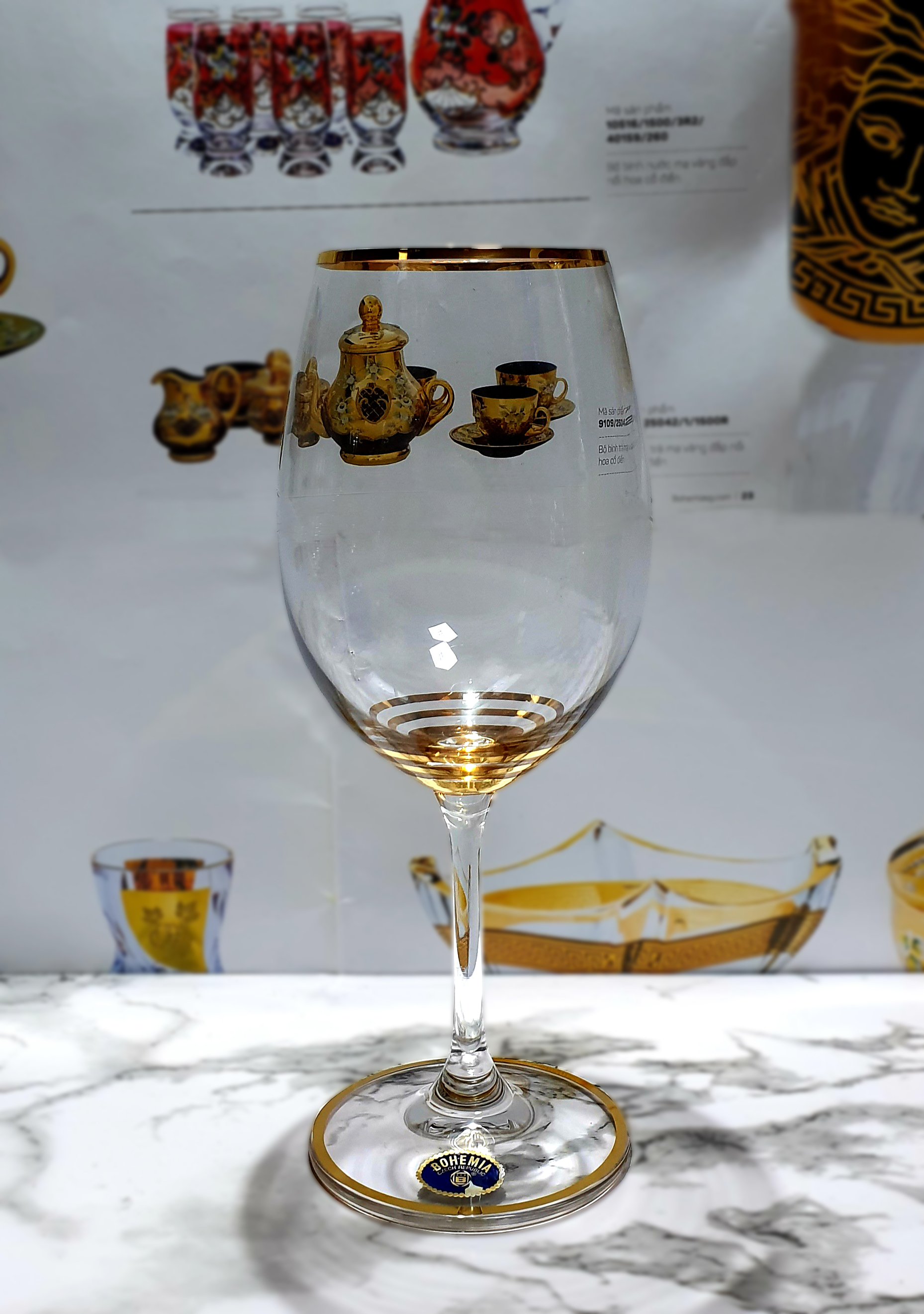 Bộ 6 ly pha lê uống rượ.u vang viền vàng 450 ml mạ vàng 24k Tiệp Khắc