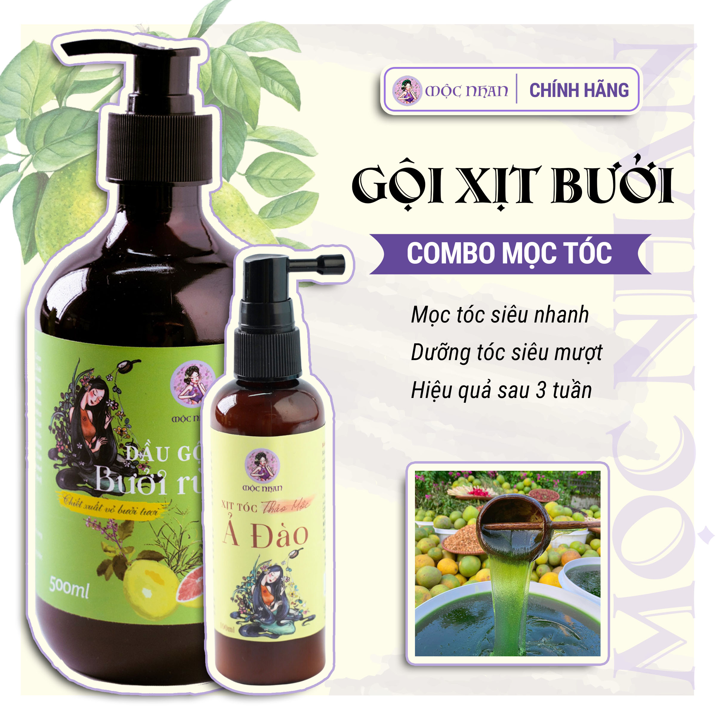 Combo mọc tóc nhanh dài - Dầu gội bưởi rừng và Xịt mọc tóc Mộc Nhan