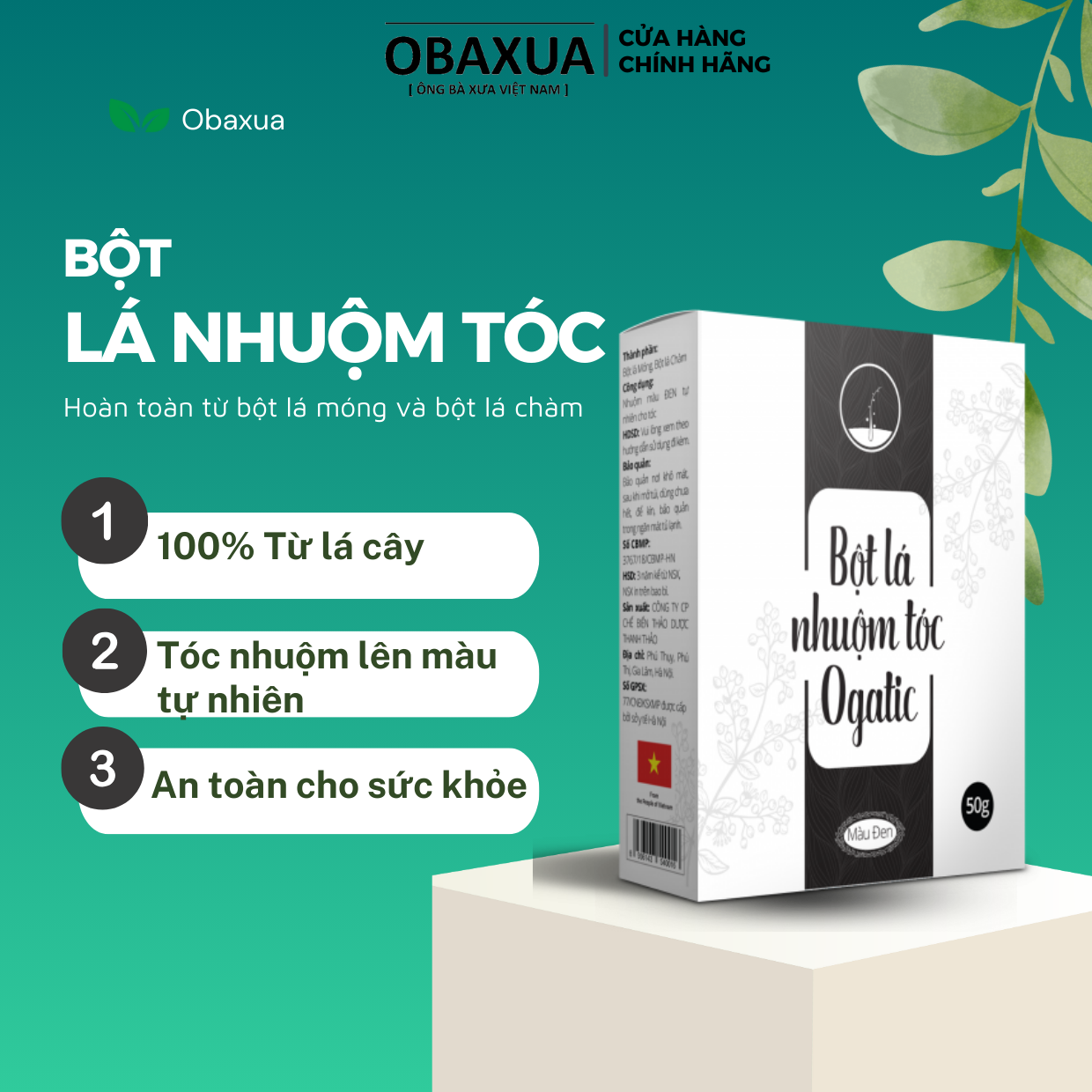 Nhuộm Tóc Thảo Dược Ogatic - Làm đen tóc tự nhiên tại nhà - Bột lá nhuộm tóc lá móng phủ bạc 50Gr