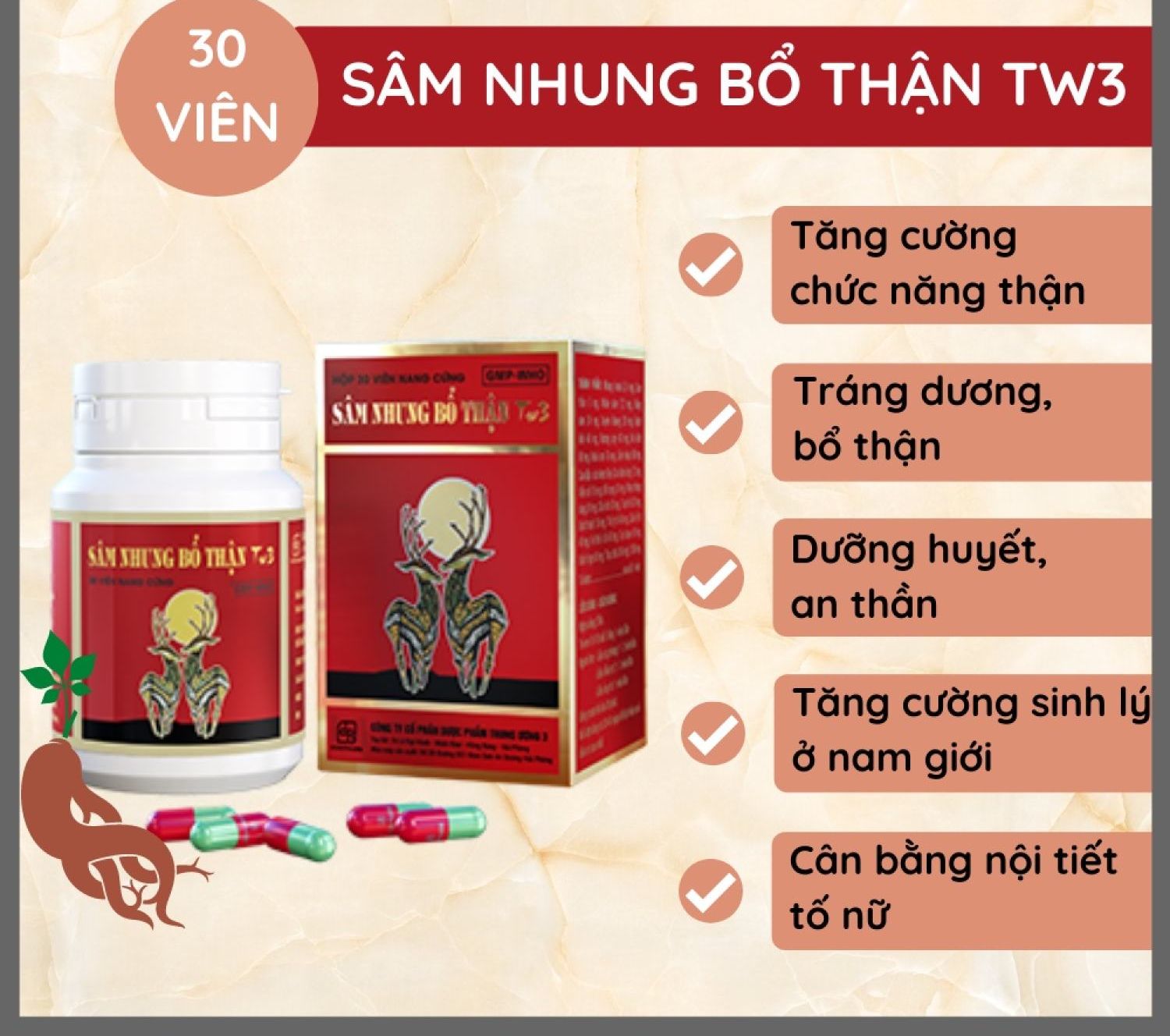 SÂM NHUNG BỔ THẬN TW3 bổ thận, cố tinh, bổ thận tráng dương, dùng cho cả nam và nữ