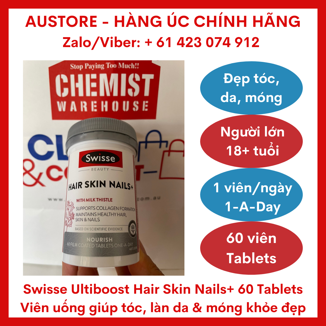 [Bill Úc, Date 06/2024] Swisse Beauty Hair Skin Nails+ 60 or 100 Tablets - Viên uống đẹp da móng tóc Swisse Beauty Hair Skin Nails+ 60 viên - 100 viên