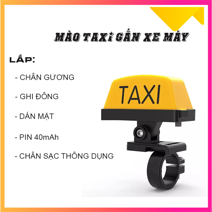 Mào taxi xe máy sạc điện phù hợp gắn chân gương,ghi đông,dán bề mặt nhựa,Mào Taxi gắn xe máy màu vàng chất liệu nhựa cao cấp,Mào Taxi kích thước  6,3cm x 3,2cm x 2,6cm