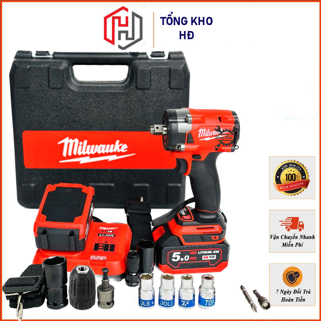 Máy Siết Bulong Máy Vặn Vít Milwaukee 20V - TẶNG 5 Đầu Khẩu - Không Chổi Than Đầu rỗng Bắt vít Khoan