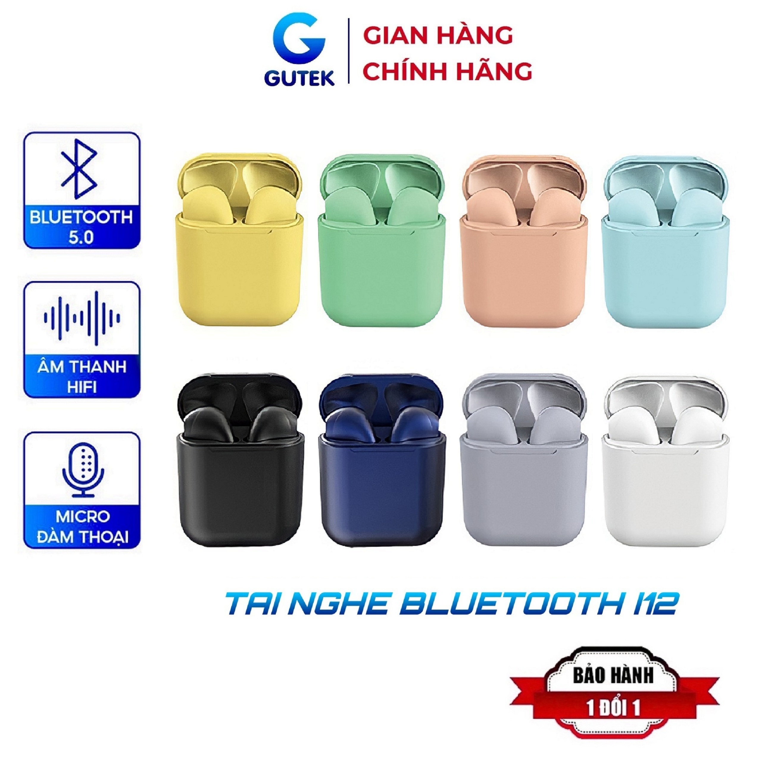 Tai Nghe Bluetooth Không Dây Nhét Tai Gutek Inpods I12 V5.0 Có Mic Đàm Thoại Nút Cảm Ứng Âm Thanh HIFI