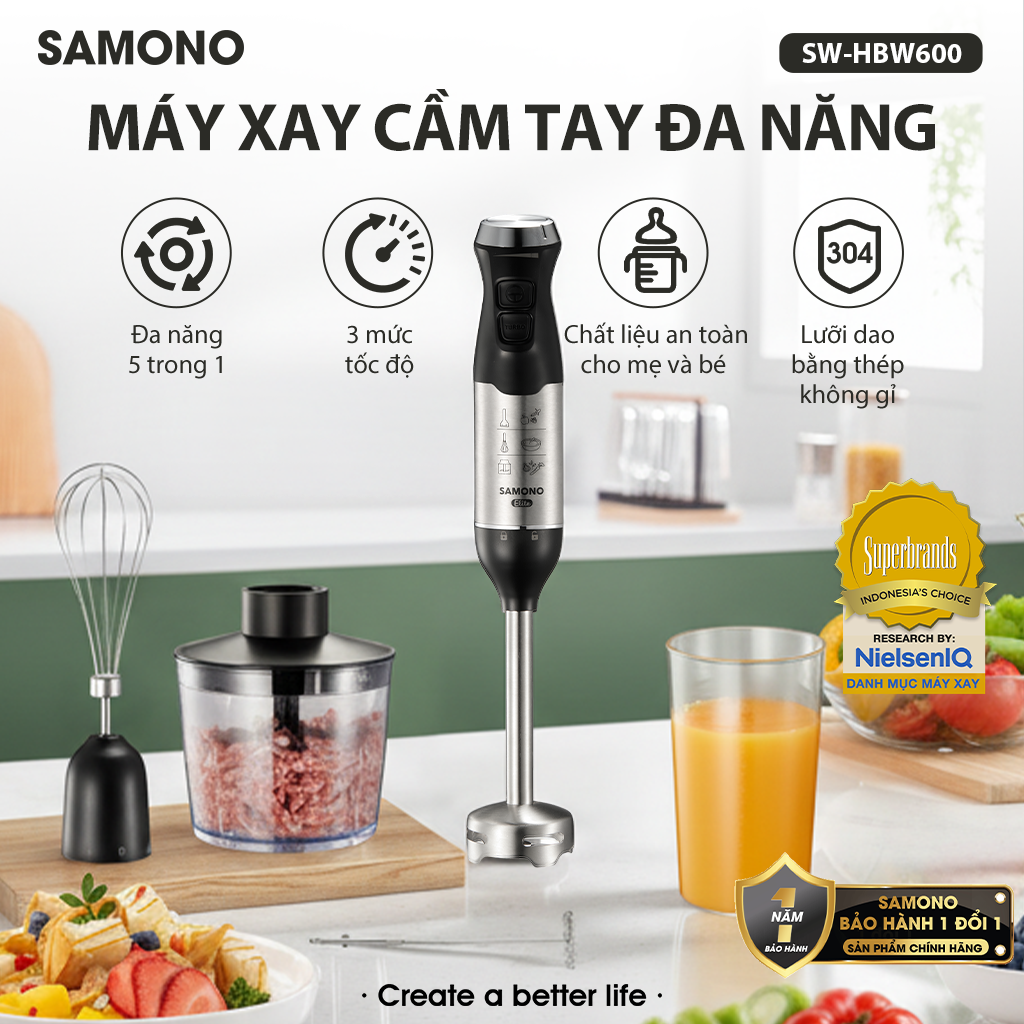 (New) Samono Sw-Hbw600 5in1 Hand Blender, 3 Speeds, 600W, Blends Porridge, Blends Smoothies, Beats Eggs