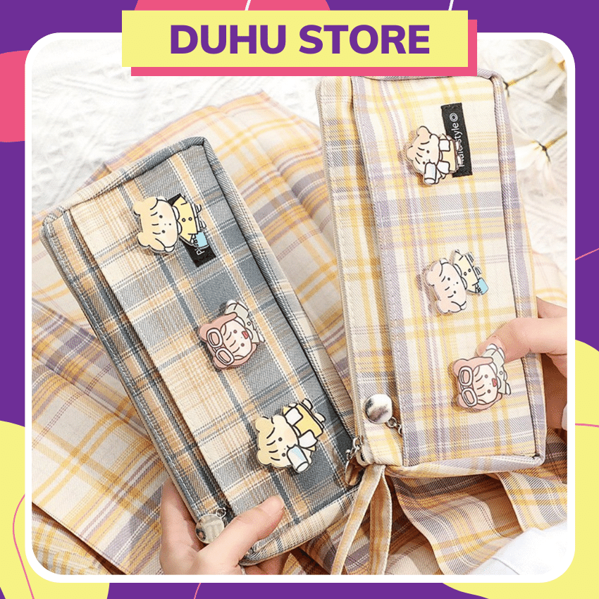 [TẶNG SỔ] Hộp Bút Vải 2 Ngăn Cute Caro Họa Tiết Hot Ins 1521 Dành Cho Nữ - Túi Đựng Bút Bóp Viết Canvas Đa Năng Cỡ To DUHU HBV04