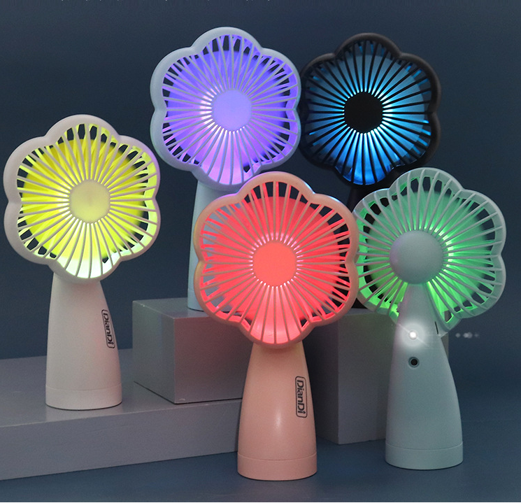 Quạt USB mini tích điện có đèn led 7 màu siêu đẹp, Quạt Mini Cầm Tay Có Đế Pin Cực Mạnh