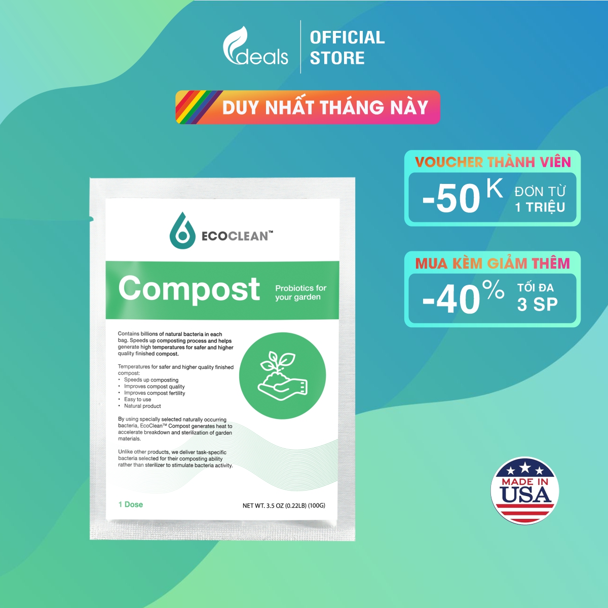 Ecoclean compost - men vi sinh ủ phân nhập khẩu mỹ - gói 100g