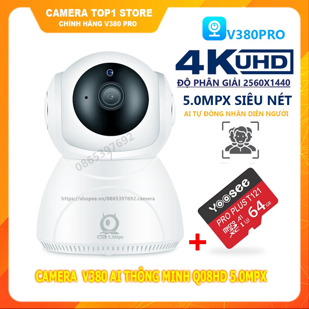 Camera Wifi - Camera v380 FULL hiển thị 5.0 MPX - kèm thẻ nhớ chính hãng 64GB - Hình ảnh sắc nét Bảo hành 1 năm 1 đổi 1 trong 7 ngày