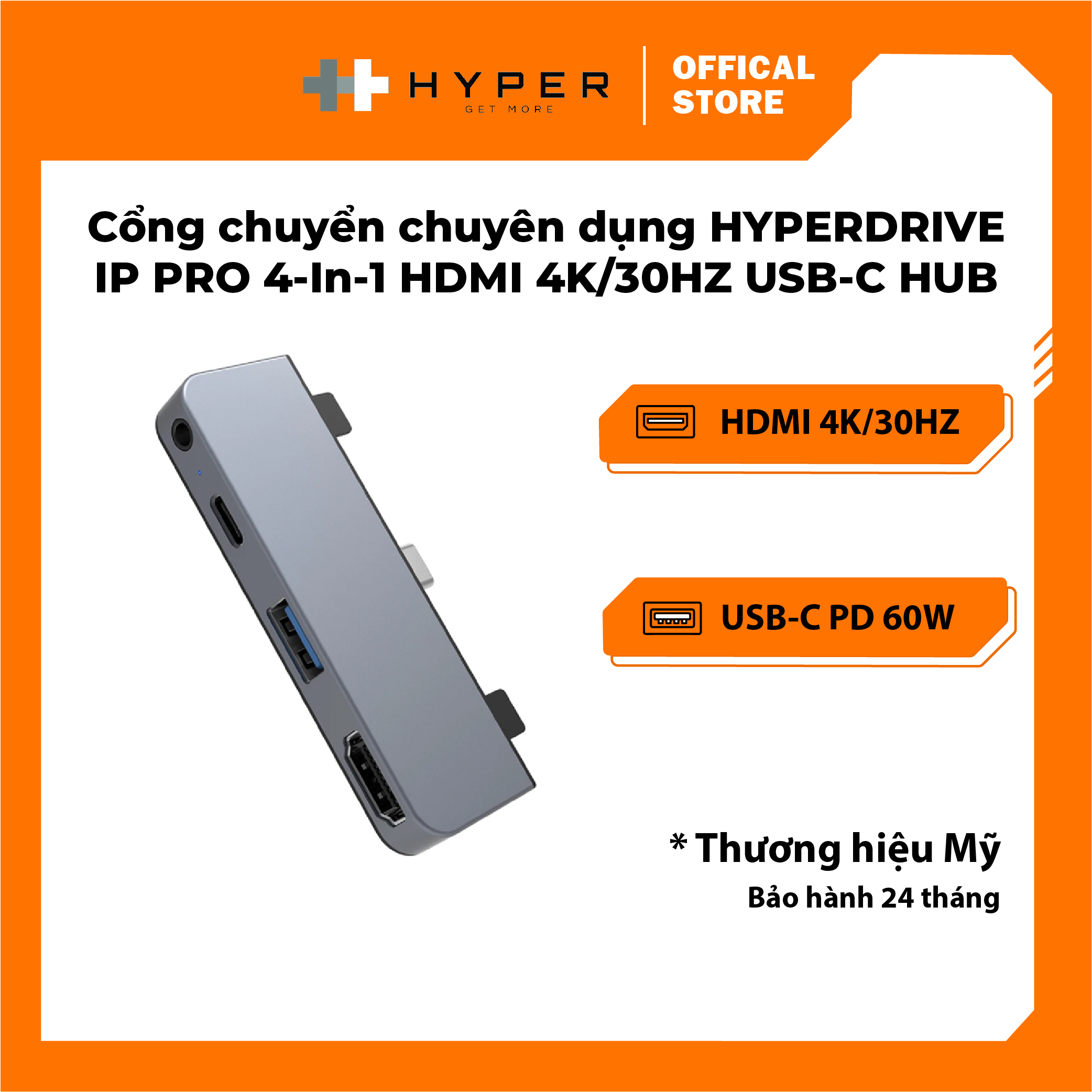 Cổng chuyển chuyên dụng hyperdrive ipad pro/macbook/surface 4 in 1 hdmi 4k/30hz usb-c hub – hd319e