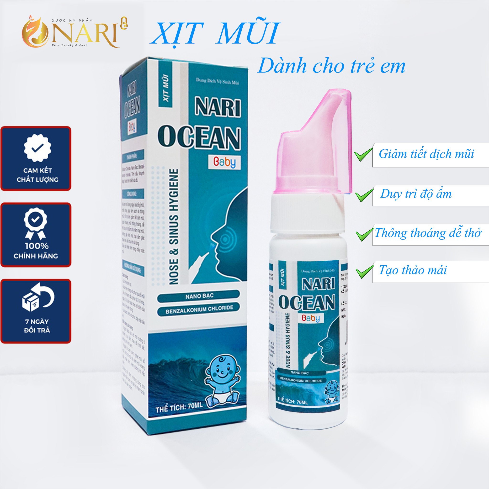 Xịt mũi Ocean Nari cho trẻ em với Nano Bạc và tinh dầu khuynh diệp giúp sạch vi khuẩn vi nấm đường hô hấp lọ lớn 70 ml