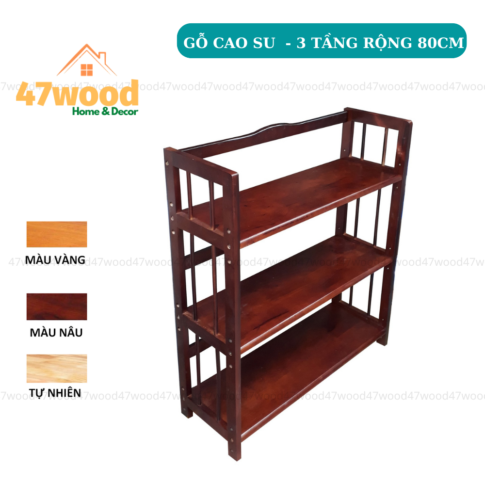 Kệ sách 3 tầng rộng 80cm gỗ cao su 47wood - Gía sách 80cm 3 tầng 47wood