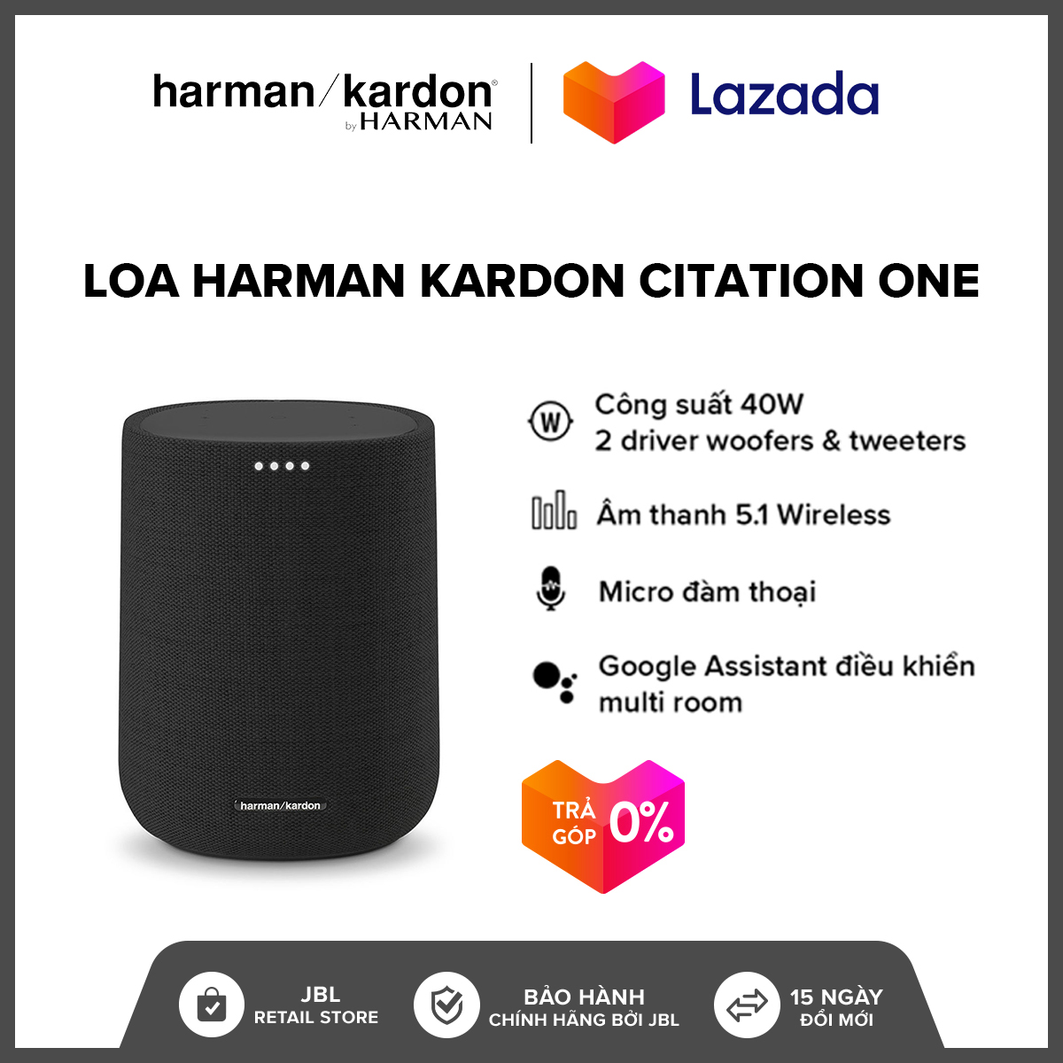 [TRẢ GÓP 0%-HÀNG CHÍNH HÃNG] Loa Harman Kardon Citation One l Công suất 40W l Kết nối 2 loa cho âm thanh nổi l 2 Driver l Hỗ trợ Google Assistant