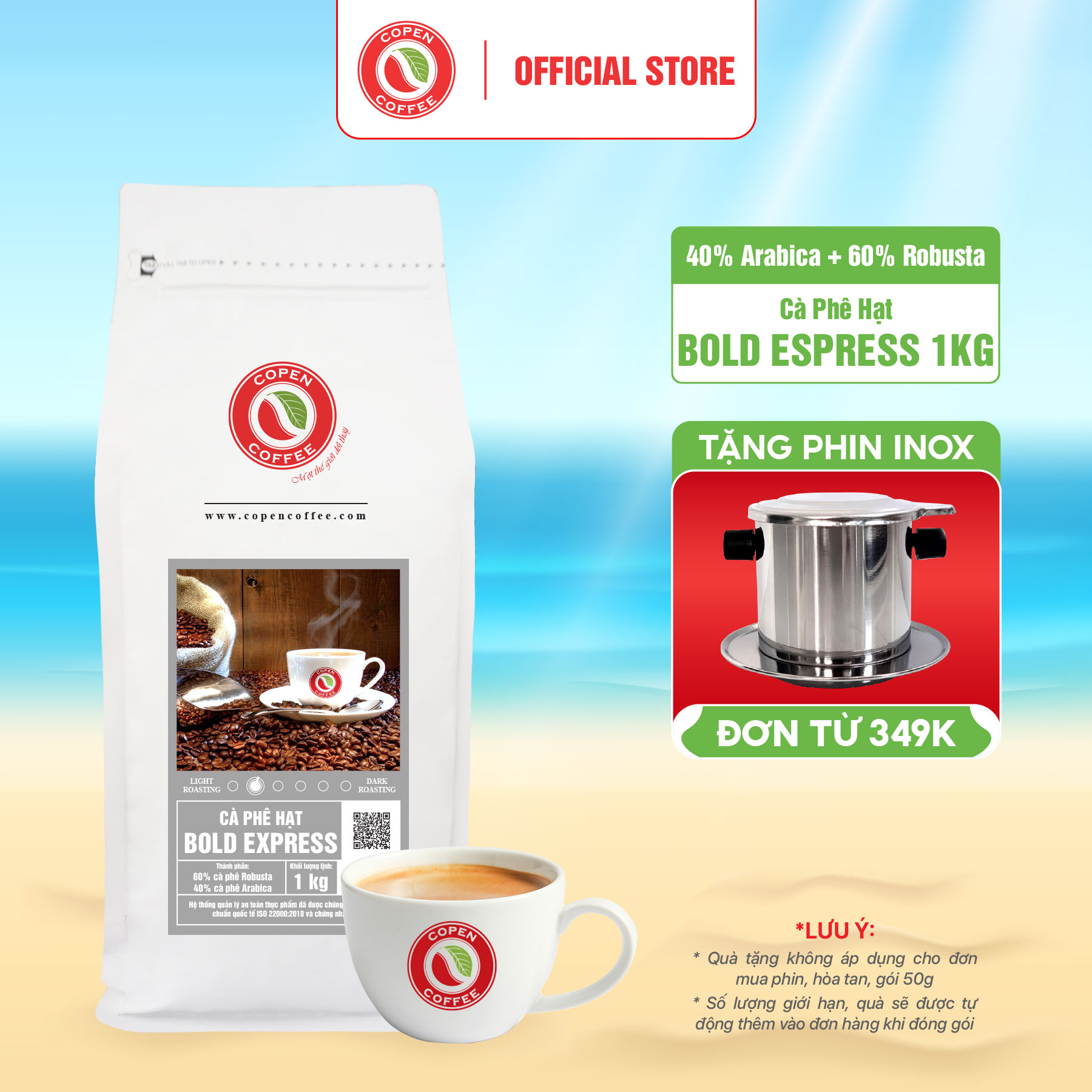 Cà phê hạt mix Robusta & Arabica - Bold Espress Copen Coffee Gói 1KG - Pha phin, pha máy espresso, đắng vừa, chua nhẹ
