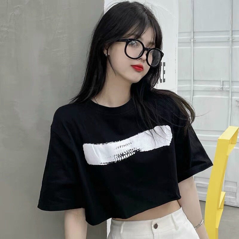 Áo Thun Croptop Cổ Tròn Ngắn Tay Kèm Vệt Màu Ngang Trước Ngực TTSLA1162