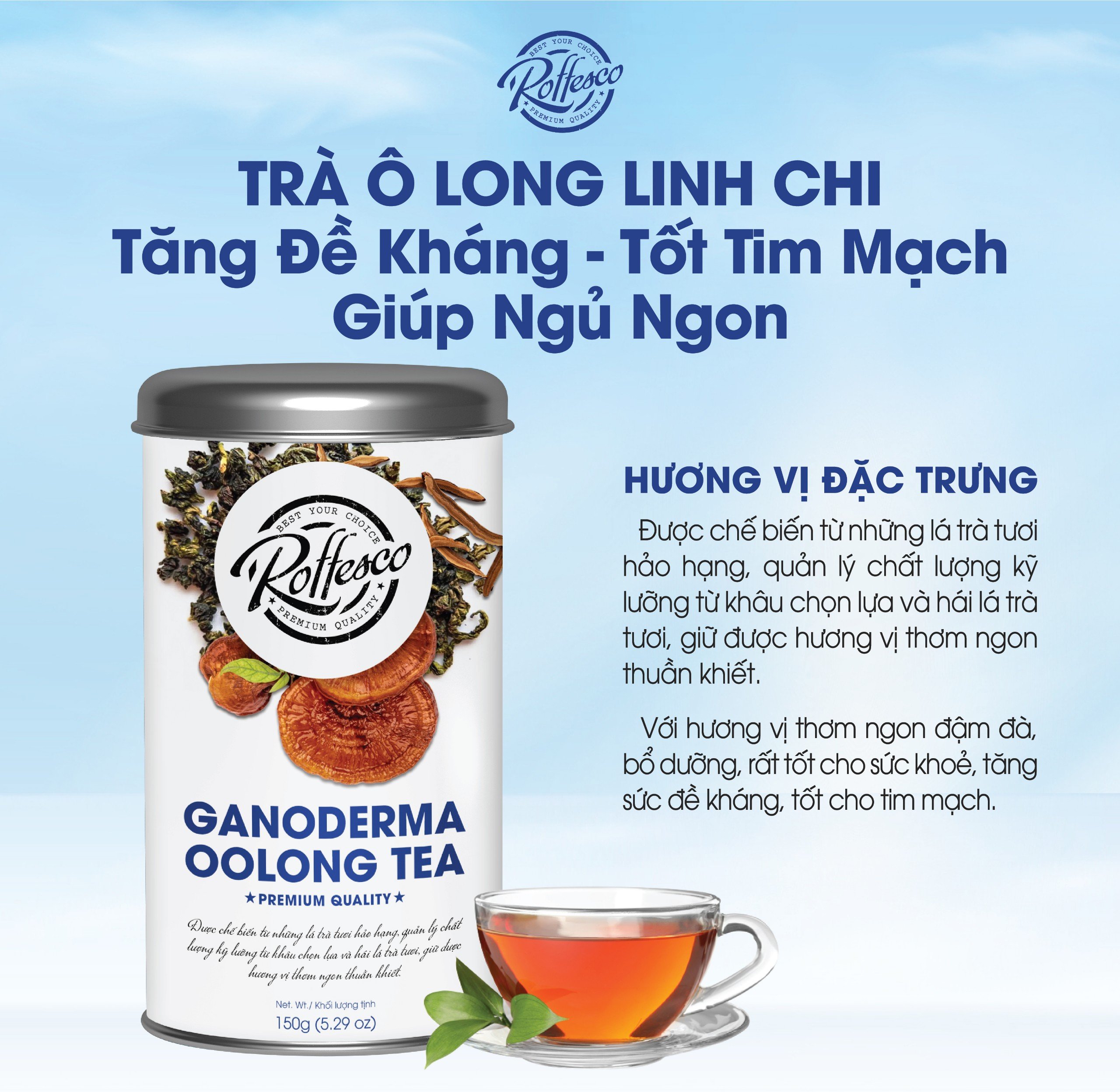 Trà ô long linh chi thượng hạng roffesco ganoderma oolong tea tăng sức đề kháng tốt cho tim mạch giảm stress hương thơm nhẹ nhàng đậm vị trà hộp 150g