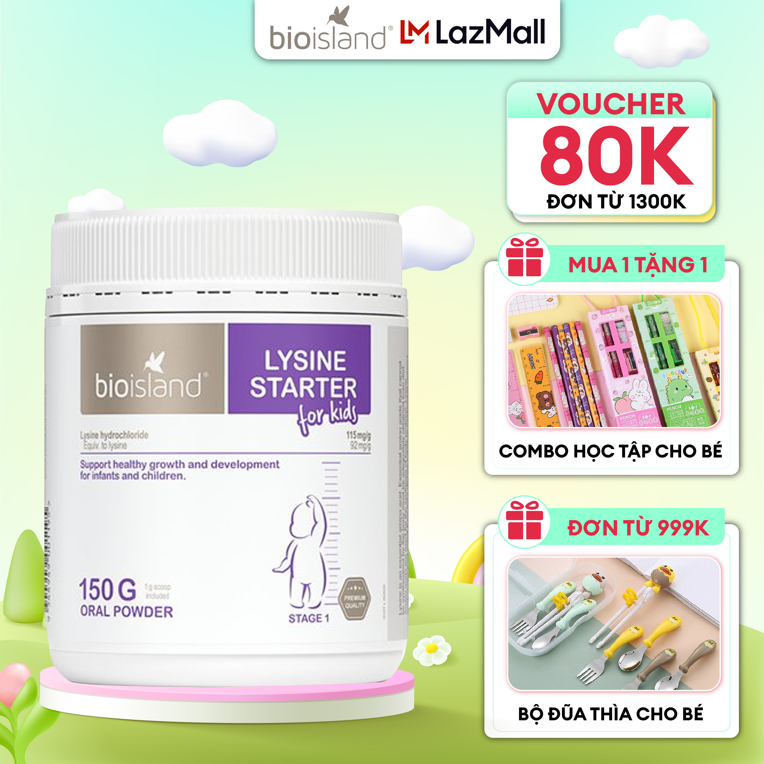 Bột Lysine tăng chiều cao Bioisland Lysine Starter 150g của Úc giúp bé phát triển cao lớn và khỏe mạnh