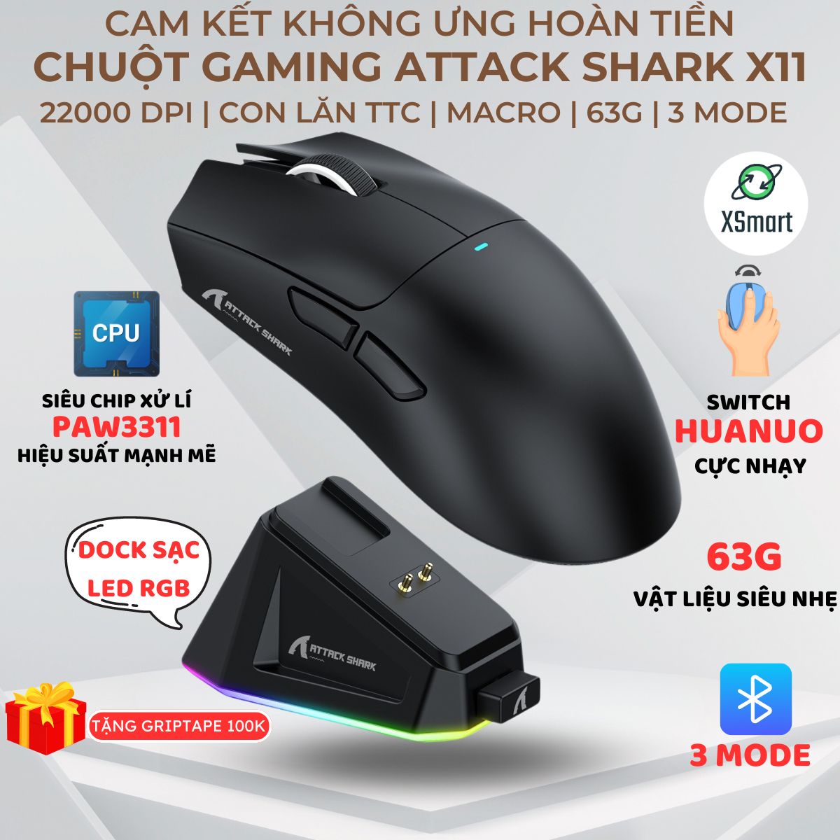 Chuột Gaming Không Dây Bluetooth Attack Shark X11 Chip PRO PAW3311 Có Dock Sạc LED, 22000 DPI Dùng C