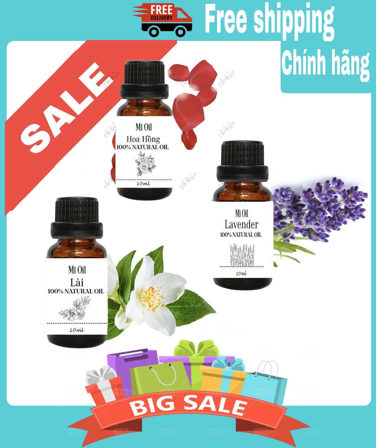 Bộ 3 chai tinh dầu thiên nhiên, tinh dầu lavender, hoa ồng, hoa nhài