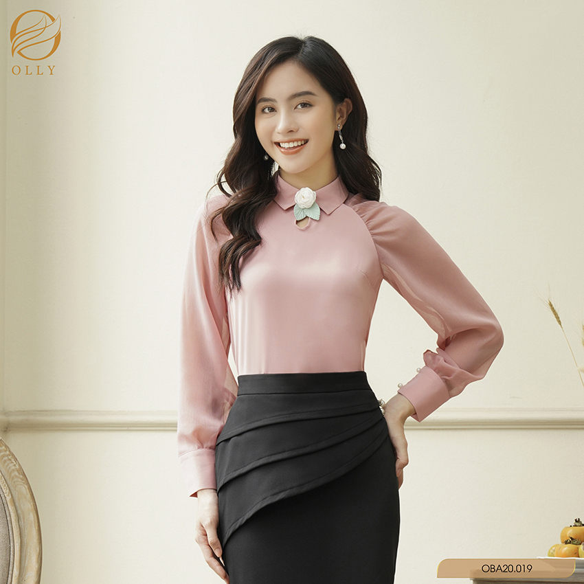 [KHUYẾN MẠI SỐC] Áo sơ mi nữ dáng xuông tay dài cổ giọt nước OLLY OBA20.019