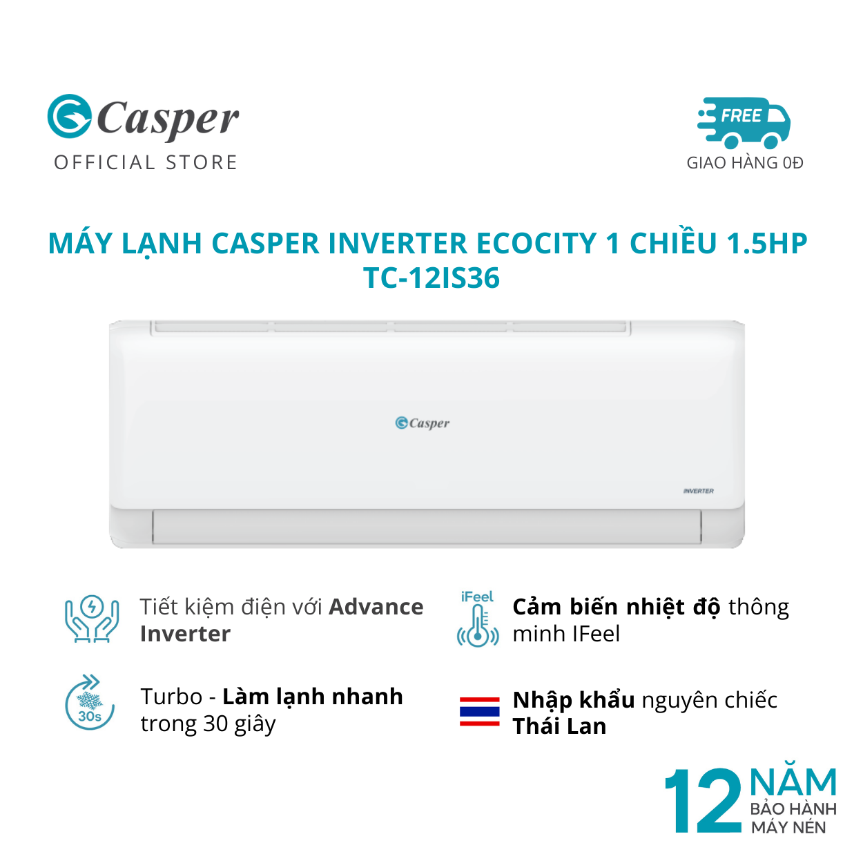 Máy lạnh/ Điều hòa Casper EcoCity Inverter 1 chiều 1.5HP TC-12IS36 - Chính hãng - Bảo hành 3 năm