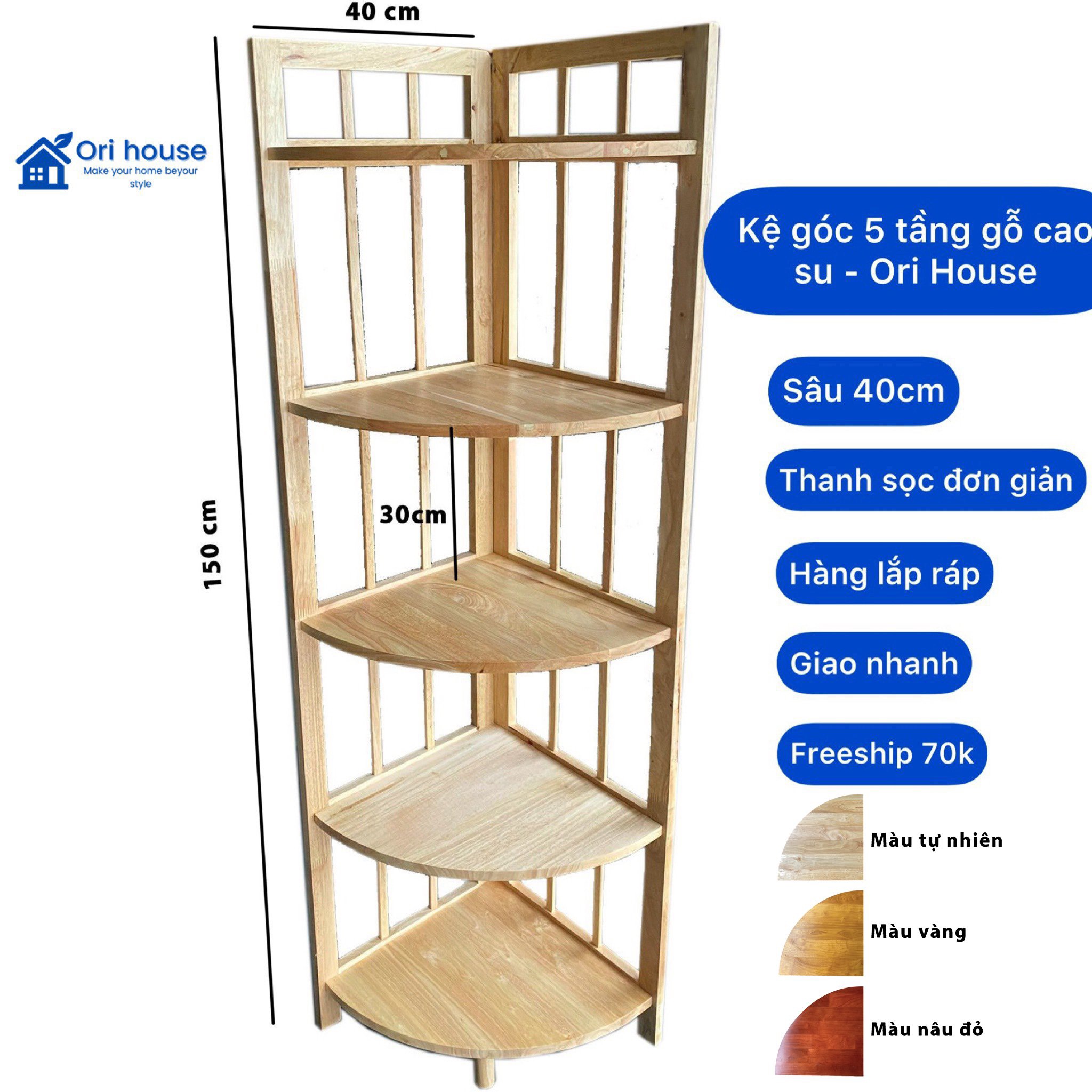 Kệ góc tường 5 tầng cao 150cm Sâu 38cm gỗ cao su - Hàng lắp ráp