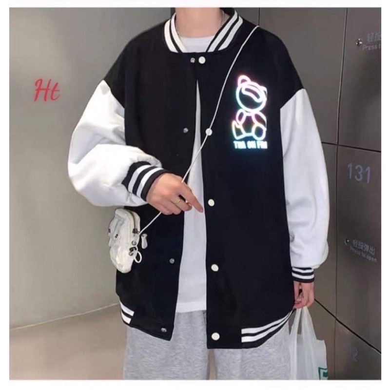 Áogió Bomber phối tay cúc gấu phản quang , áo boomber nam nữ unisex phong cách Streetwear