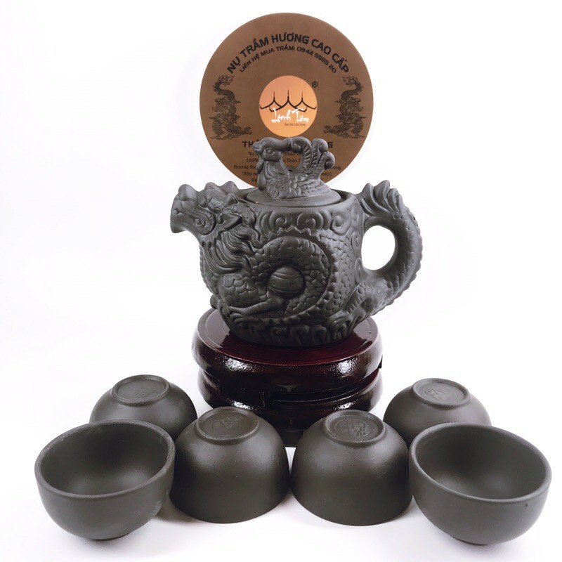 Bộ ấm chén trà hoạ tiết rồng phượng đồ chơi bàn trà gốm tử sa Decor Việt