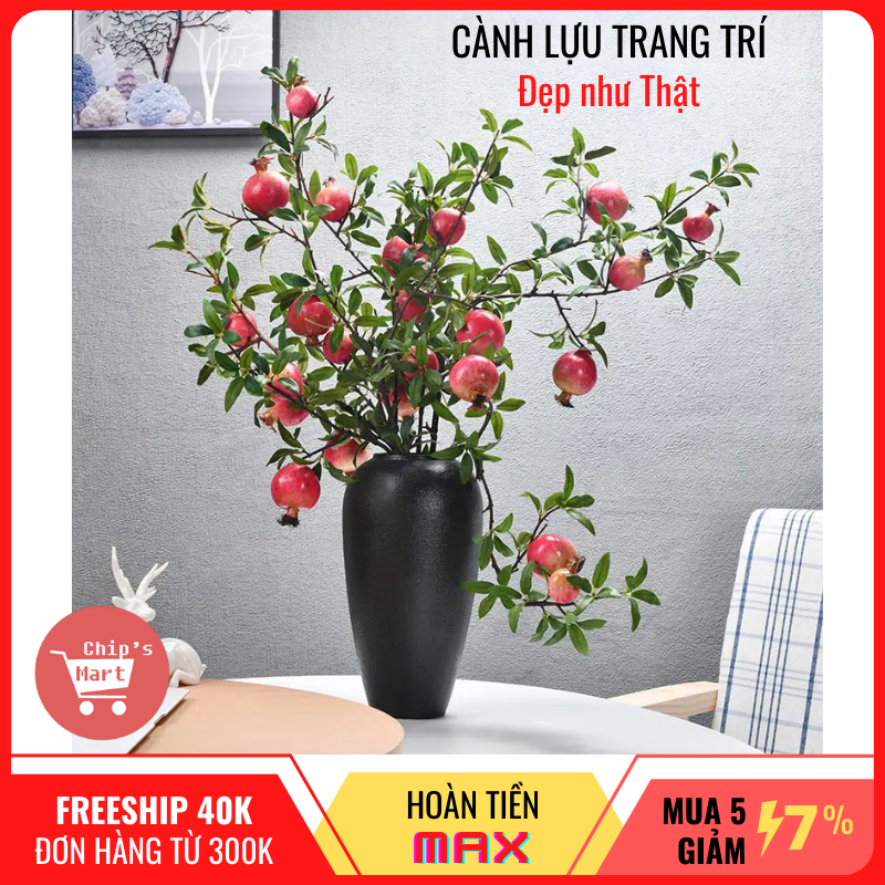 [Đẹp Như Thật] Cành Lựu Trang Trí đón Năm Mới An Lành – Tài Lộc - Ấm No – Thịnh Vượng - Cành 6 quả to nhỏ xen kẽ - Màu sắc Tươi tắn tự nhiên y hệt cành Lựu Thật