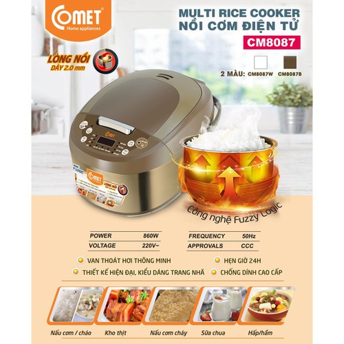 [HCM]( HÀNG CHÍNH HÃNG) Nồi Cơm Điện Tử Comet CM8087 - 1.8 Lít. NỒI CƠM ĐIỆN TỬ NẮP GÀI 3D LÒNG NIÊU. nồi cơm giữ nhiệt của nhậtNồi cơm Điện comet chống dínhNỒI CƠM ĐIỆN TỬ NẮP GÀI 3D Đa chức năng bảo hành 12 tháng