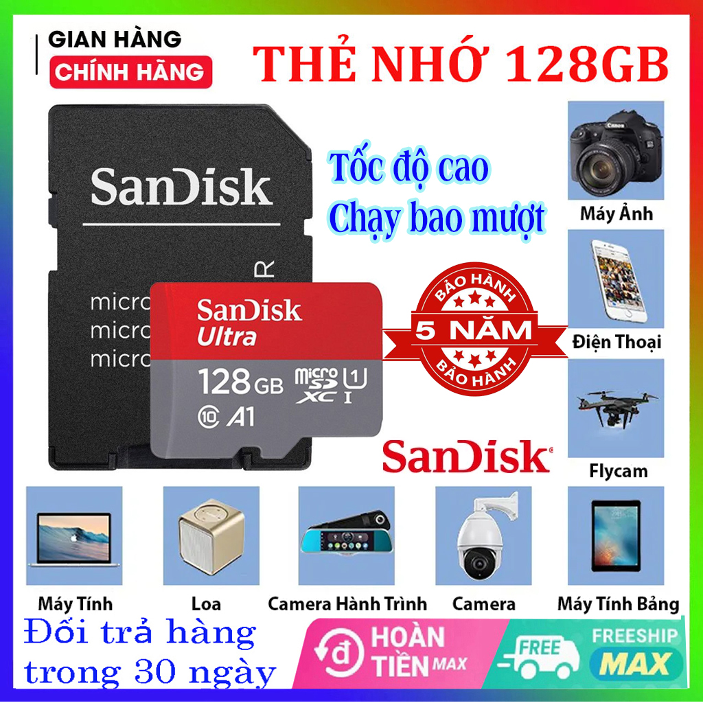 Thẻ Nhớ SANDISK 128GB/64GB/32GB Tốc Độ CaoChuyên Dụng Cho Camera Wifi Camera Hành Trình Camera giám sát Điện Thoại Thiết Bị Điện Tử