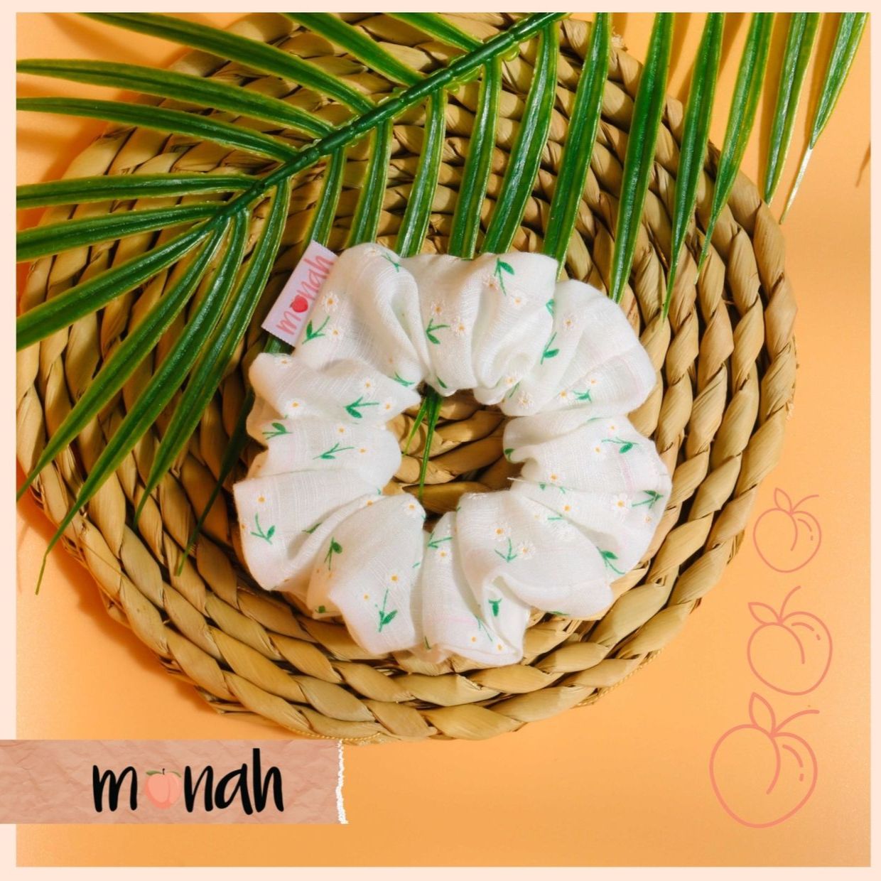Dây buộc tóc cột tóc scrunchie linen họa tiết hoa trắng mộng mơ