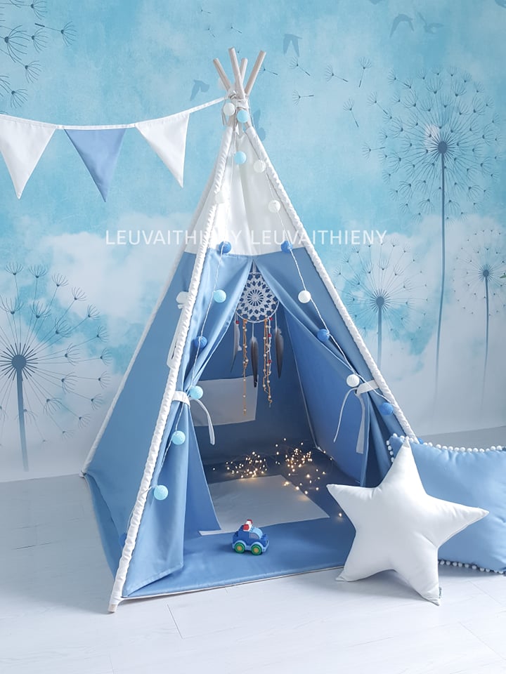 Combo Lều vải cho bé màu Xanh trắng | Lều vải Thiên Ý sản xuất vải cotton dày 100%, cọc gỗ tự nhiên an toàn cho bé | Lều vải thổ dân Handmade DIY ảnh thật Shop tự chụp