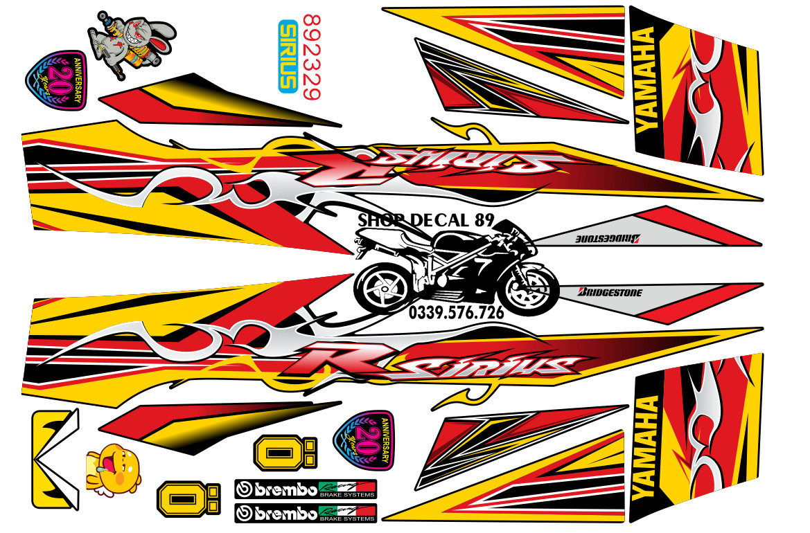 Tem Chế Sirius 50 - 110 xăng cơ MẪU LỬA CHỮ R ĐỎ VÀNG MS 892329 ĐỎ ĐEN XÁM - Tem rời 3 lớp cao cấp