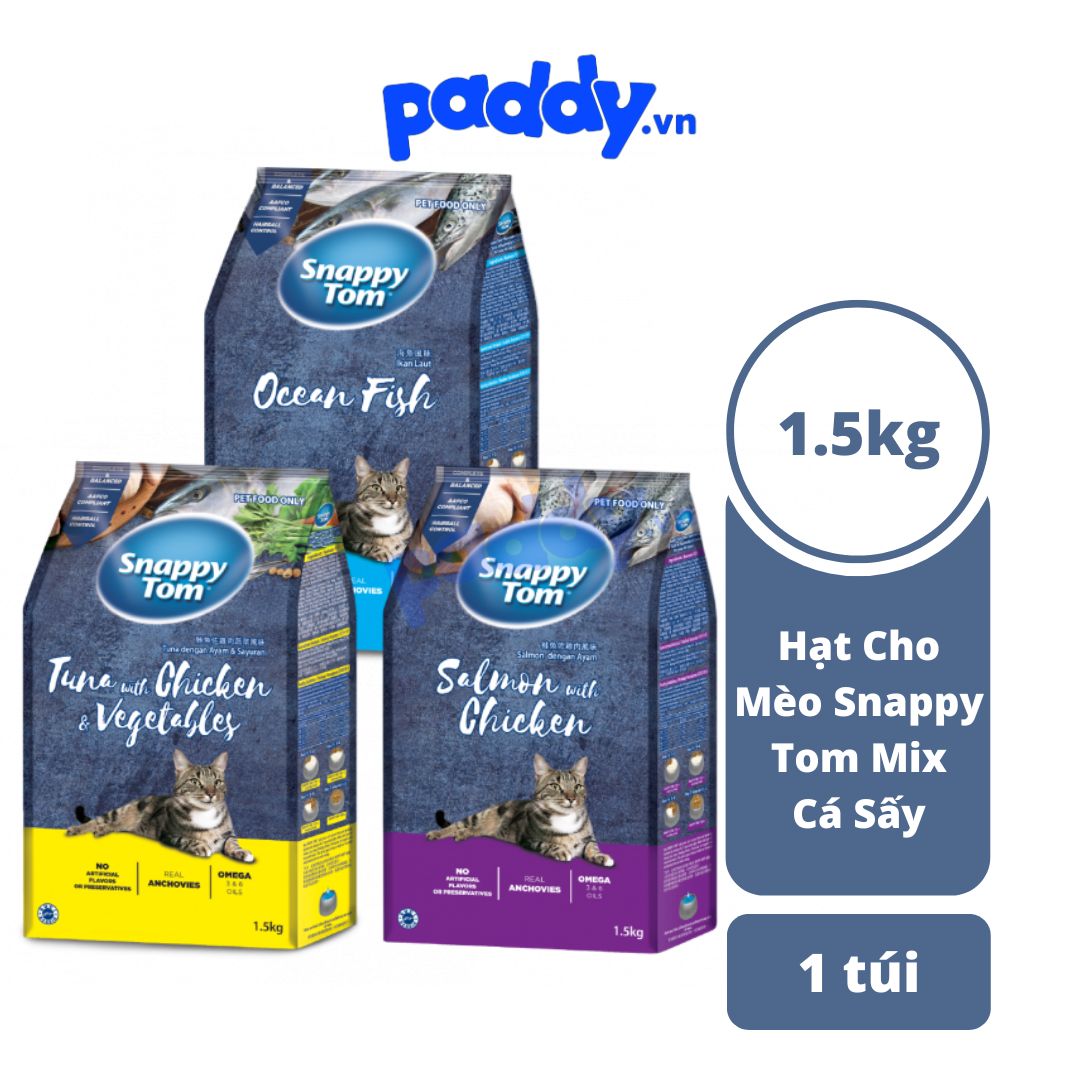 Thức ăn hạt cho mèo snappy tom mix cá sấy
