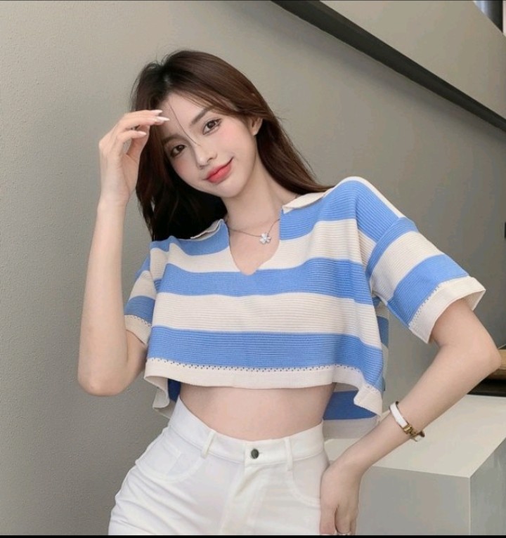 Áo croptop sọc kẻ màu cổ chữ V, áo croptop rộng, áo croptop tay ngắn siêu xinh siêu hot  trend 2021
