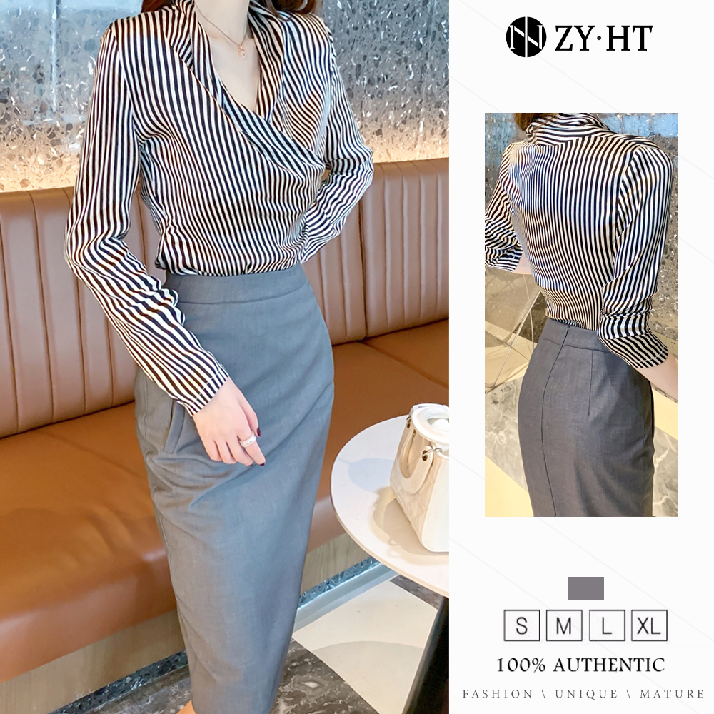 ZYHT áo sơ mi thời trang áo sơ mi nữ công sở áo sơ mi hàn quốc tay áo dài áo sơ mi sọc Áo kiểu nữ sa tanh áo cánh 4400