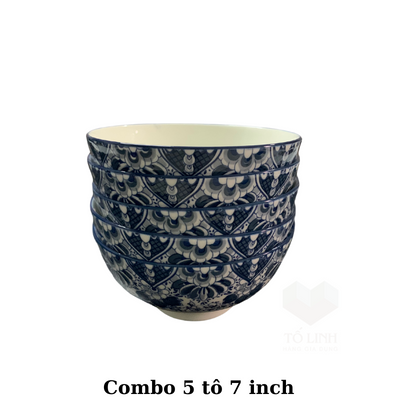 Combo bộ 5 tô gốm sứ hoa văn 18cm,bộ 5 tô gốm sứ 7 inch đựng phở