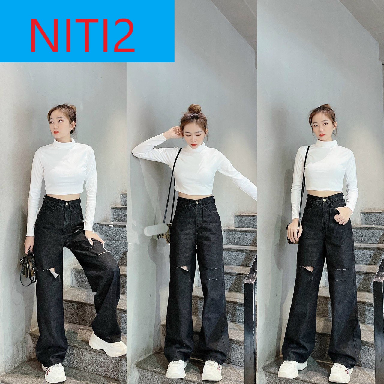 QUẦN JEAN ỐNG RỘNG NỮ XÁM ĐEN RÁCH 1 VẠT 2 SỌC FORM DÀI RỘNG LAI CUỐN CHUẨN CHỈ, ĐẲNG CẤP THỜI TRANG VÀ CÁ TÍNH CAO CẤP NITI2